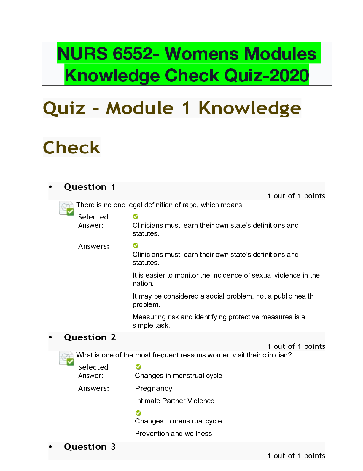 Preview of NURS 6552- Womens Modules Knowledge Check Quiz-2020